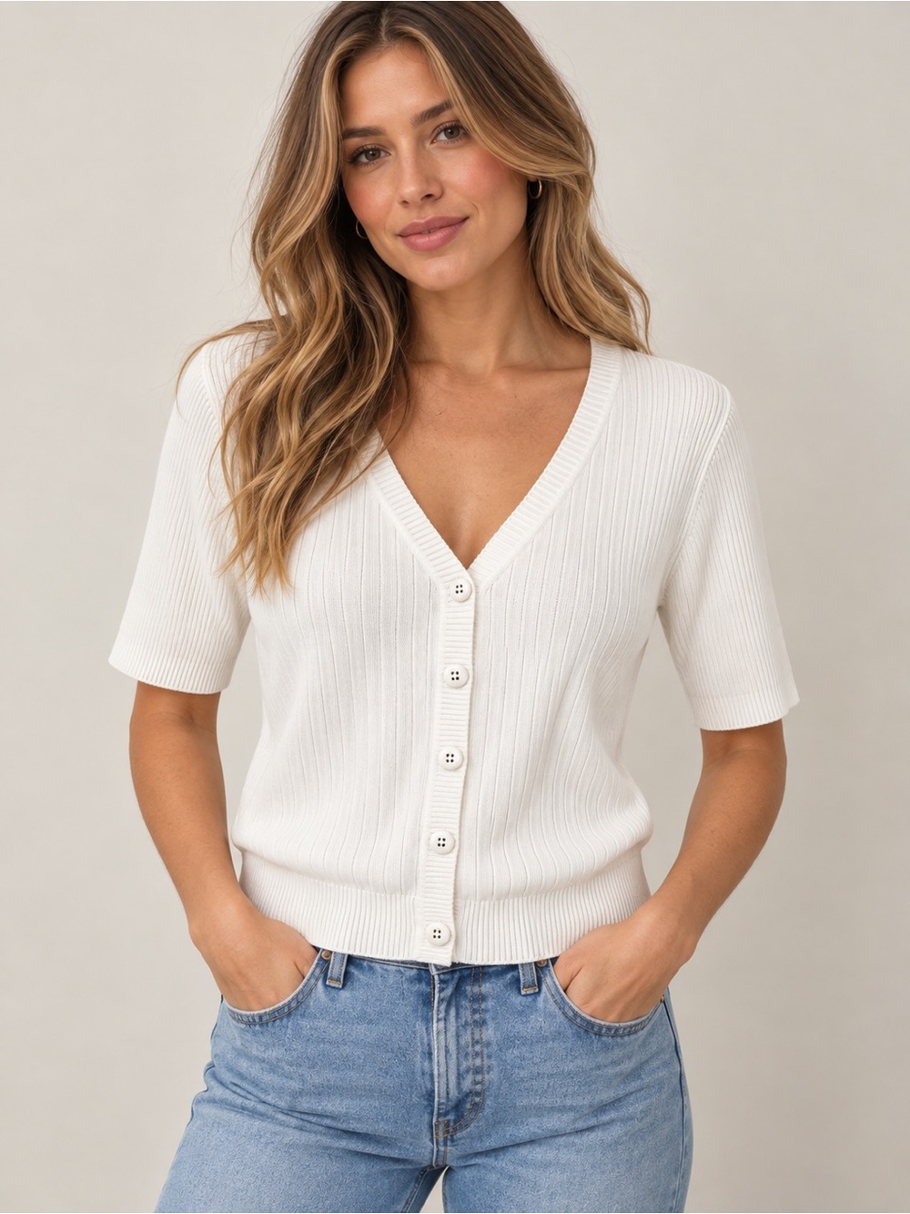 Tradition Country Collection White Ribbed Short Sleeve Cardigan L 100% Cotton